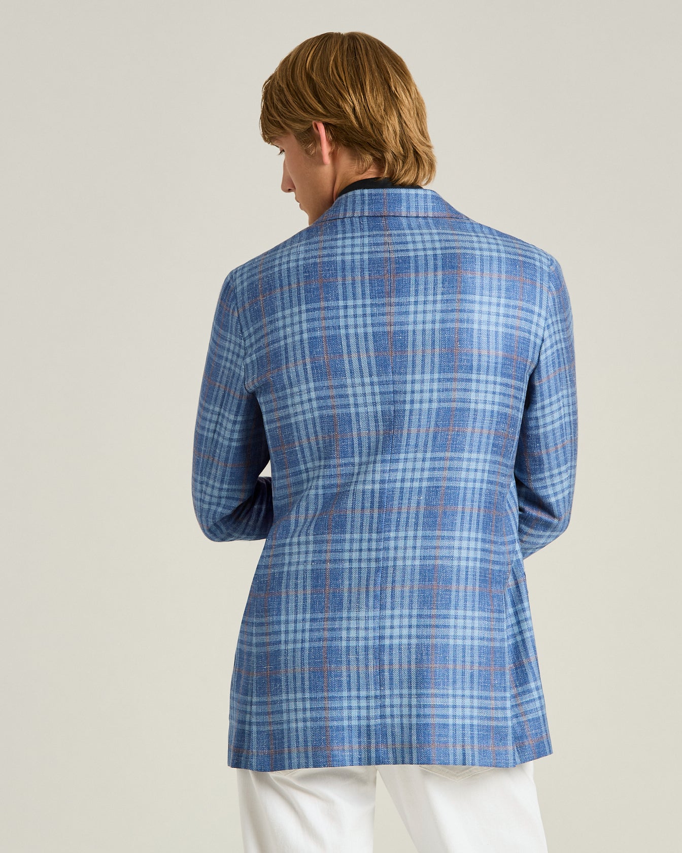 Men's blue cashmere, silk and linen checked jacket | Kiton