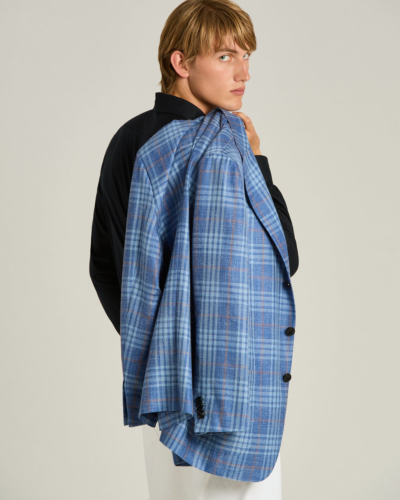 Men's blue cashmere, silk and linen checked jacket | Kiton