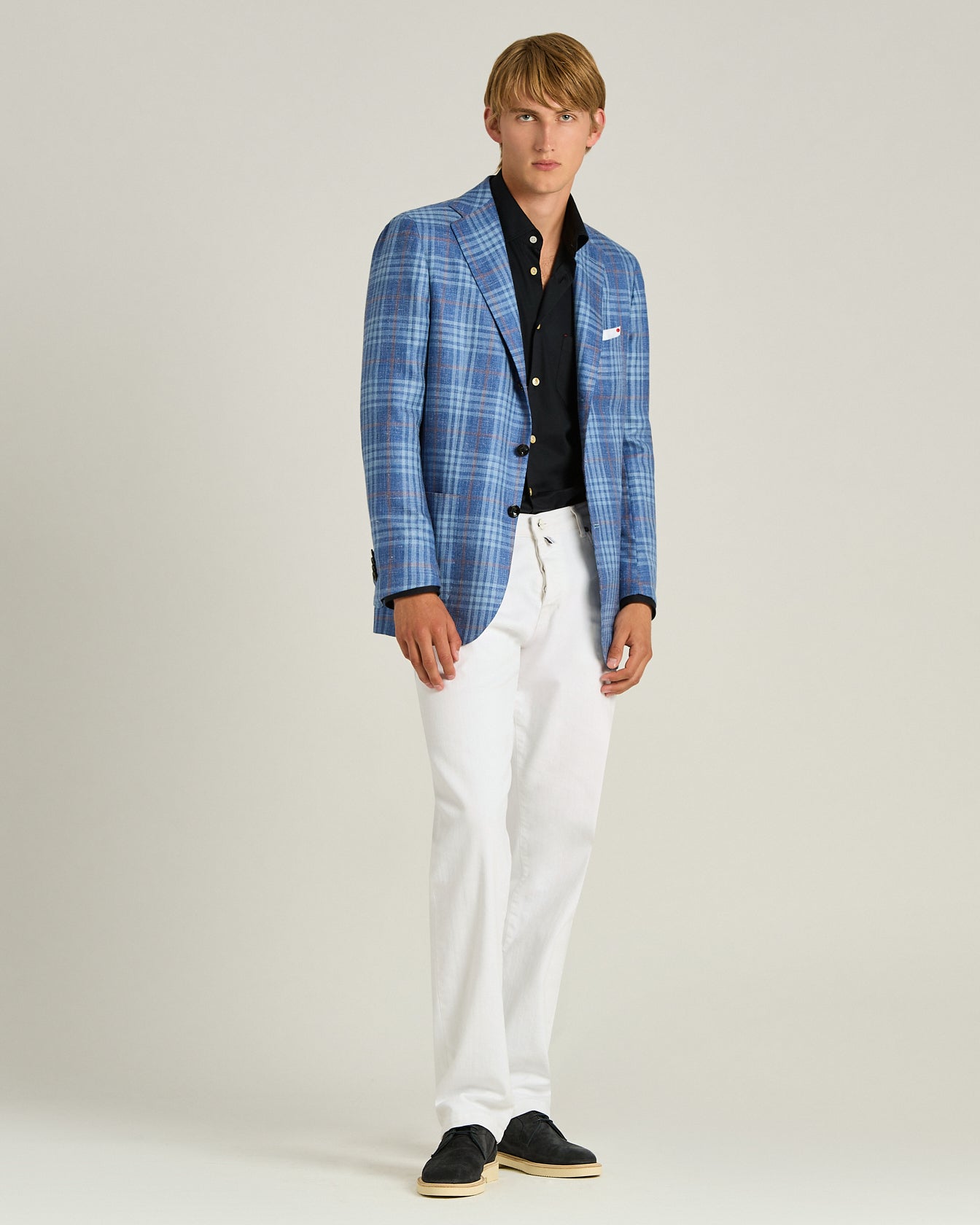 Men's blue cashmere, silk and linen checked jacket | Kiton