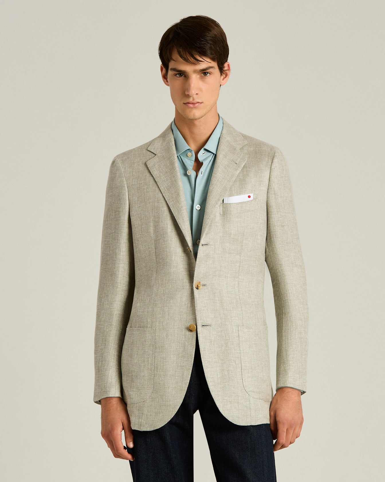 Men's grey linen, cashmere and silk single-breasted jacket | Kiton
