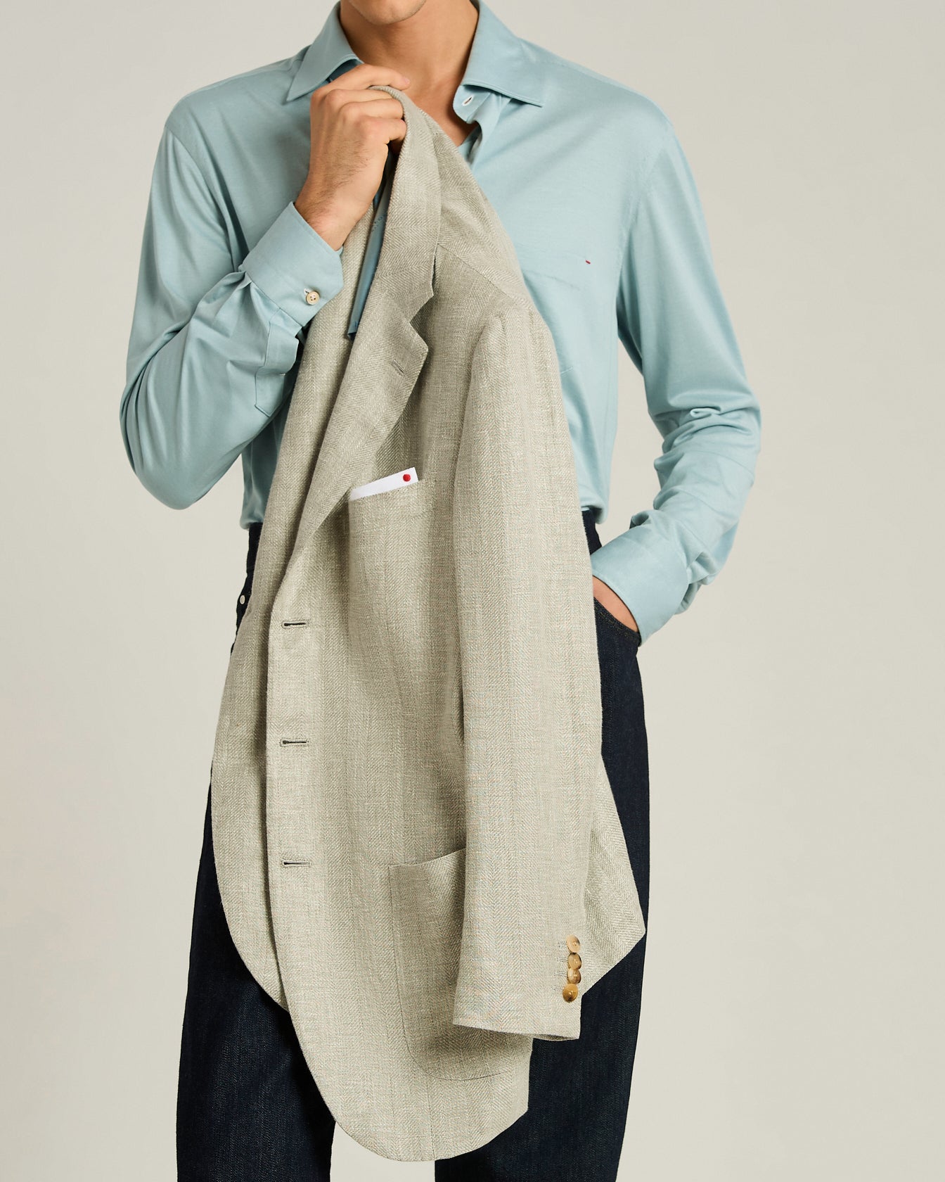 Men's grey linen, cashmere and silk single-breasted jacket | Kiton