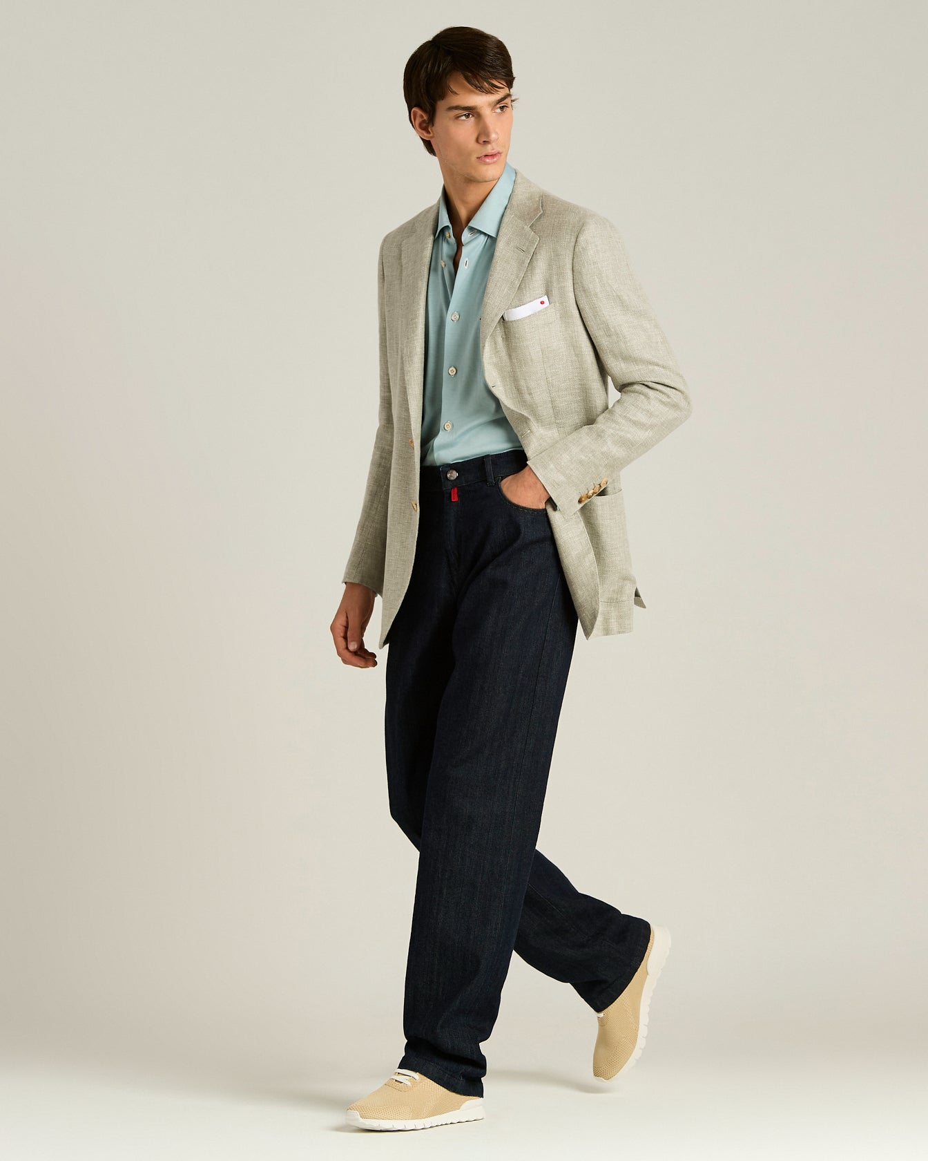 Men's grey linen, cashmere and silk single-breasted jacket | Kiton
