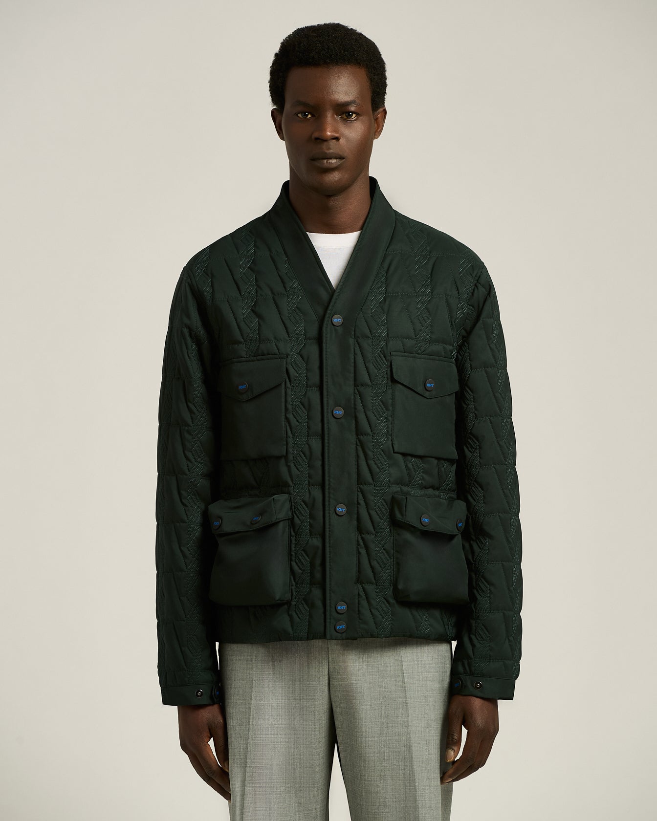 QUILTED JACKET WITH JACQUARD PATTERN AND UTILITY POCKETS
