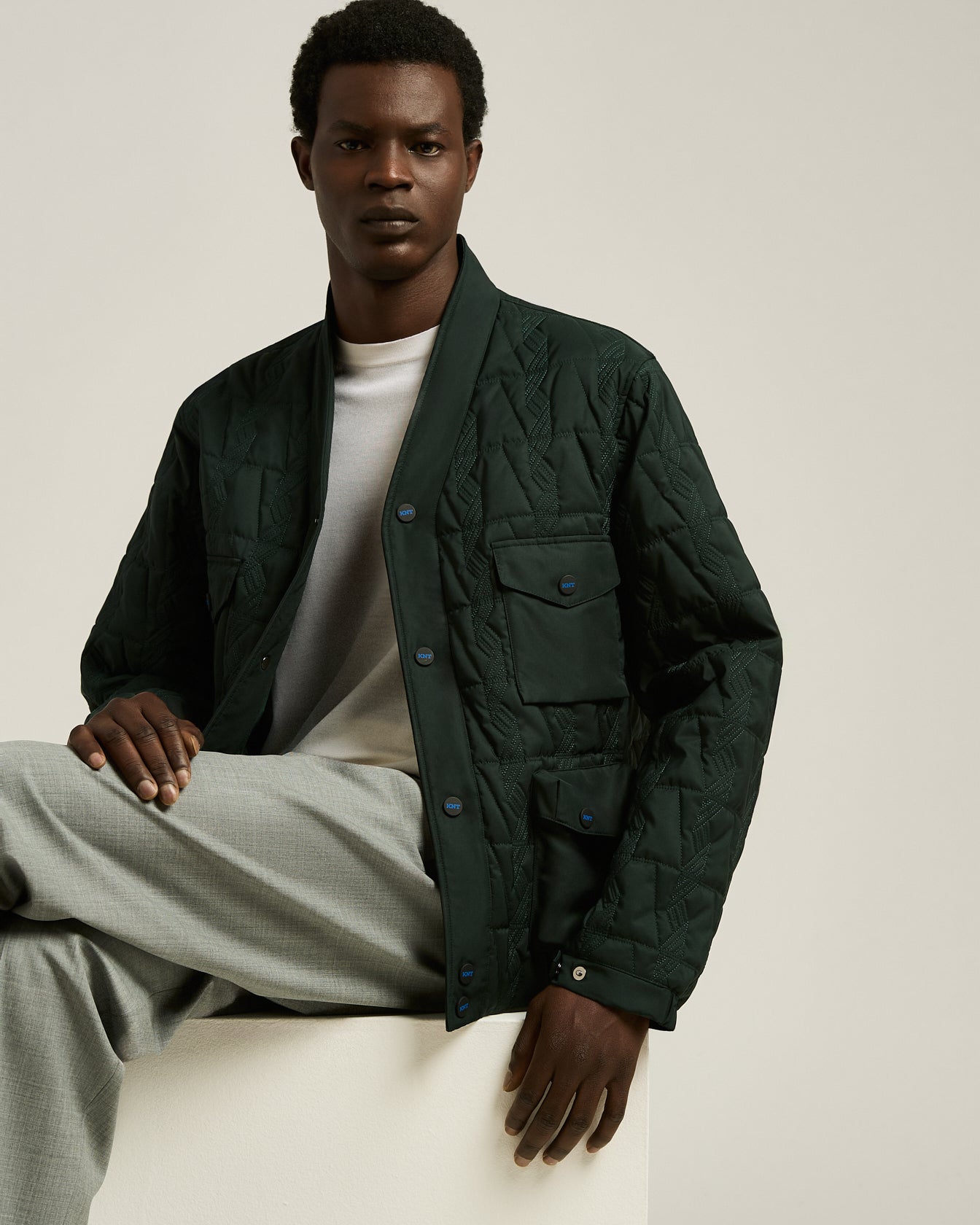 Men's green quilted jacquard jacket utility pockets | Kiton