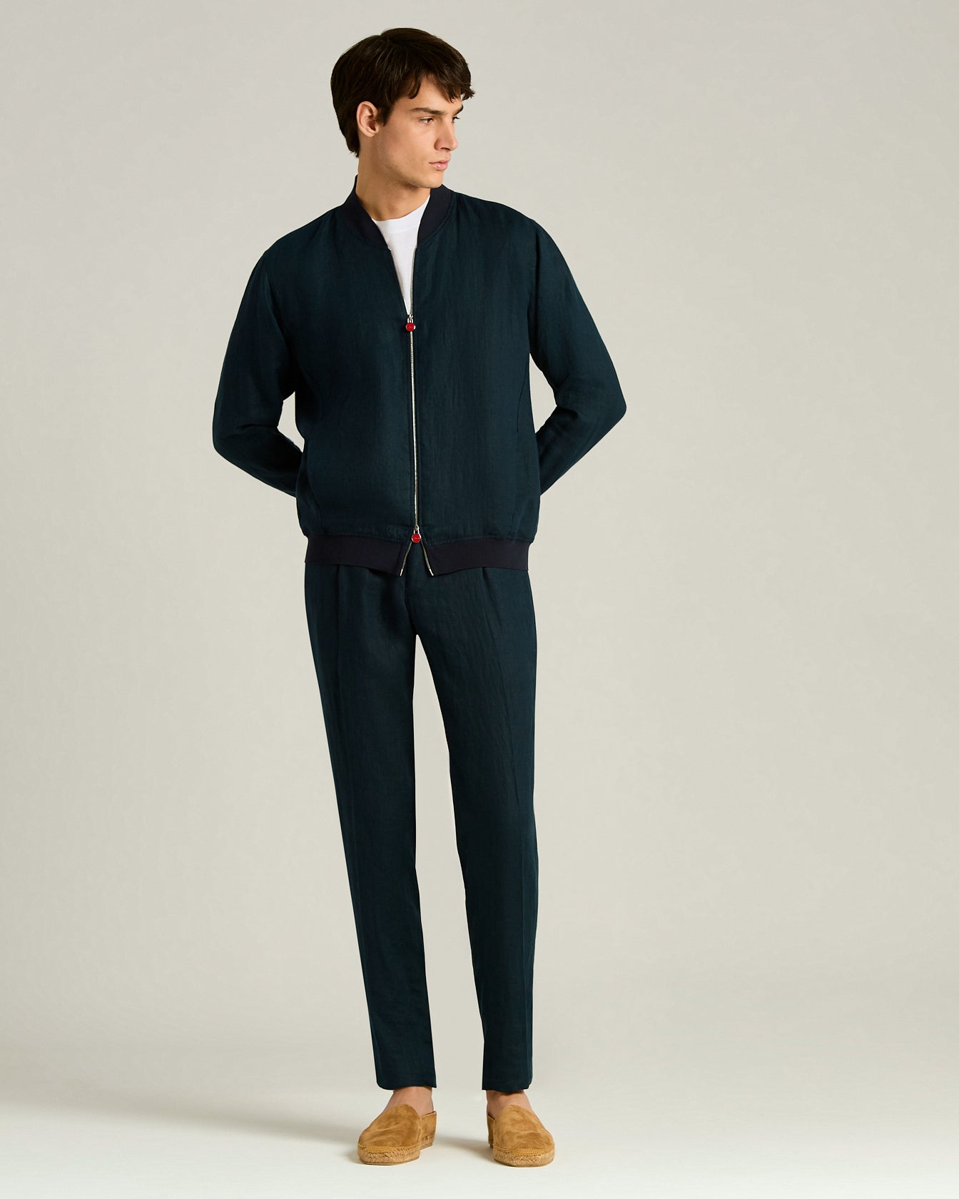 PURE LINEN JACKET WITH ZIP IN NAVY BLUE