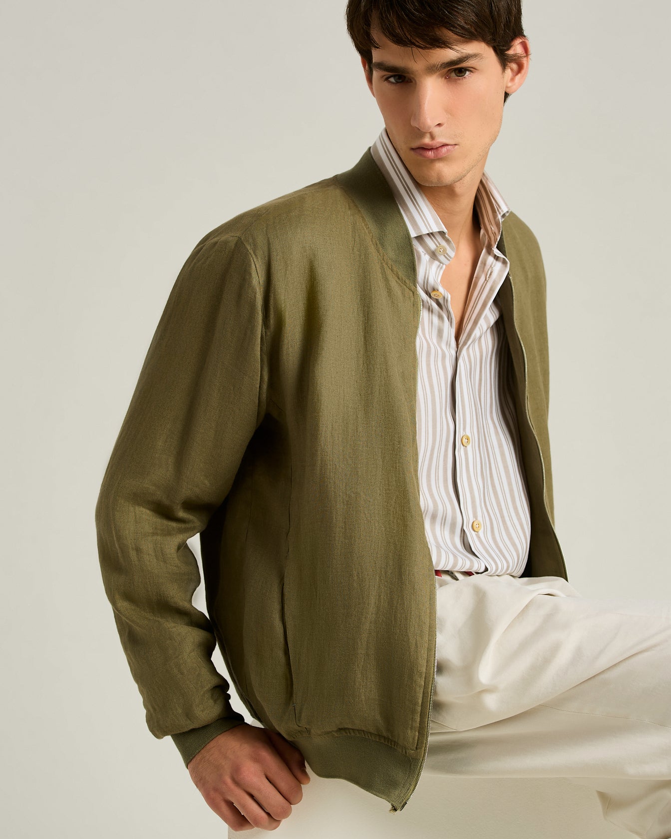 Men's khaki pure linen zip jacket | Kiton