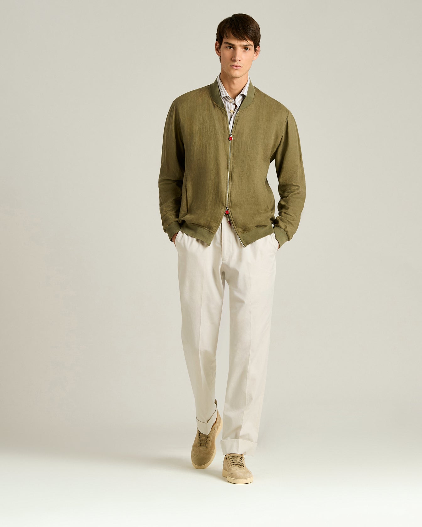 Men's khaki pure linen zip jacket | Kiton