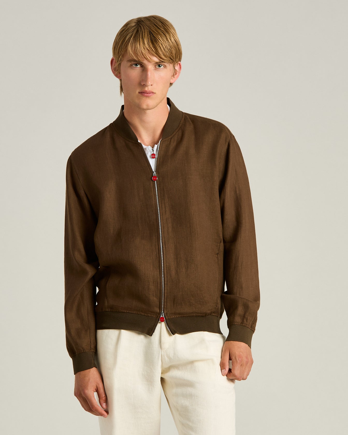 Men's brown pure linen zip jacket with stand collar | Kiton