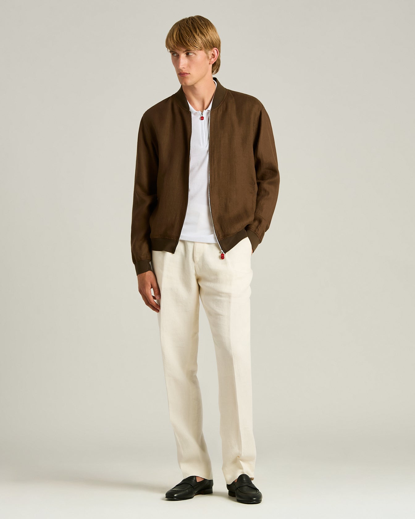 Men's brown pure linen zip jacket with stand collar | Kiton
