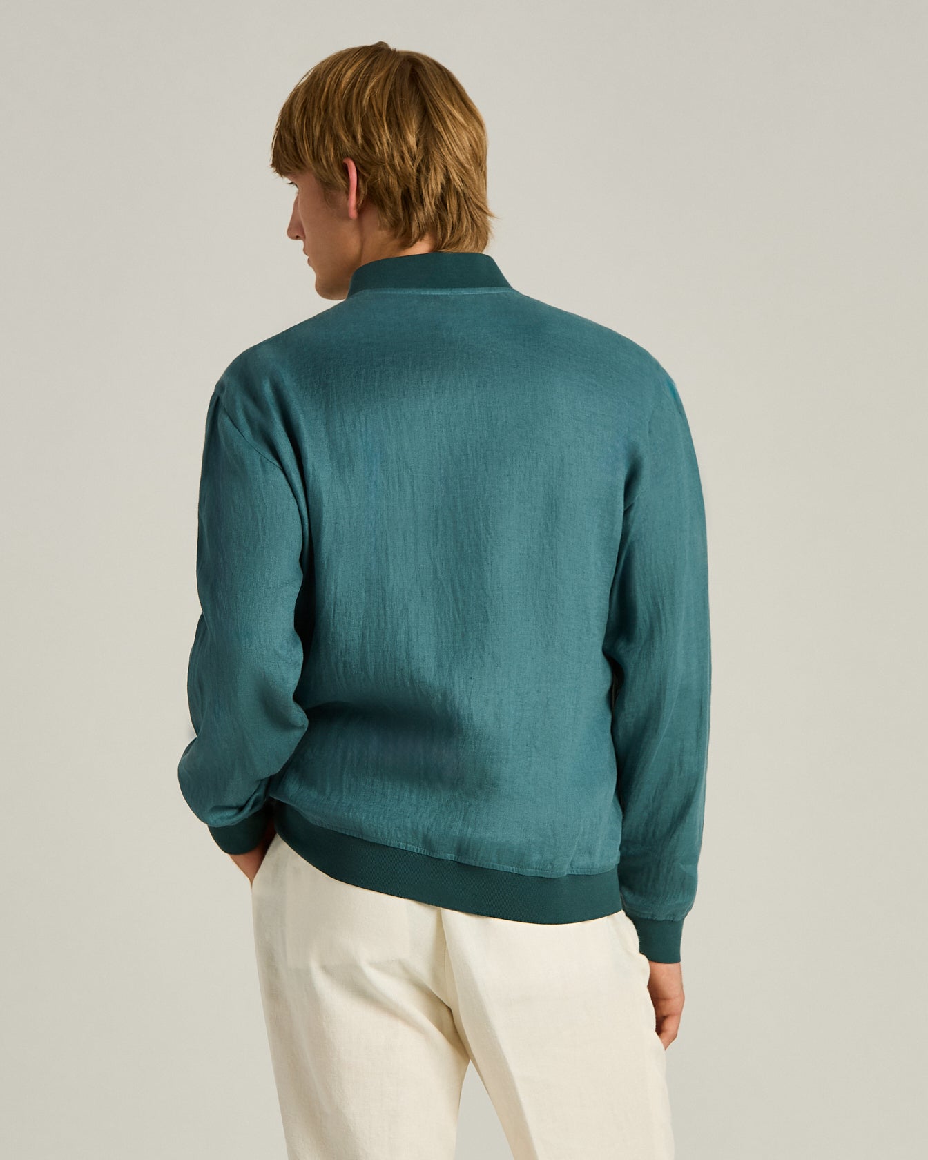 Men's cornflower blue lightweight linen zip jacket | Kiton