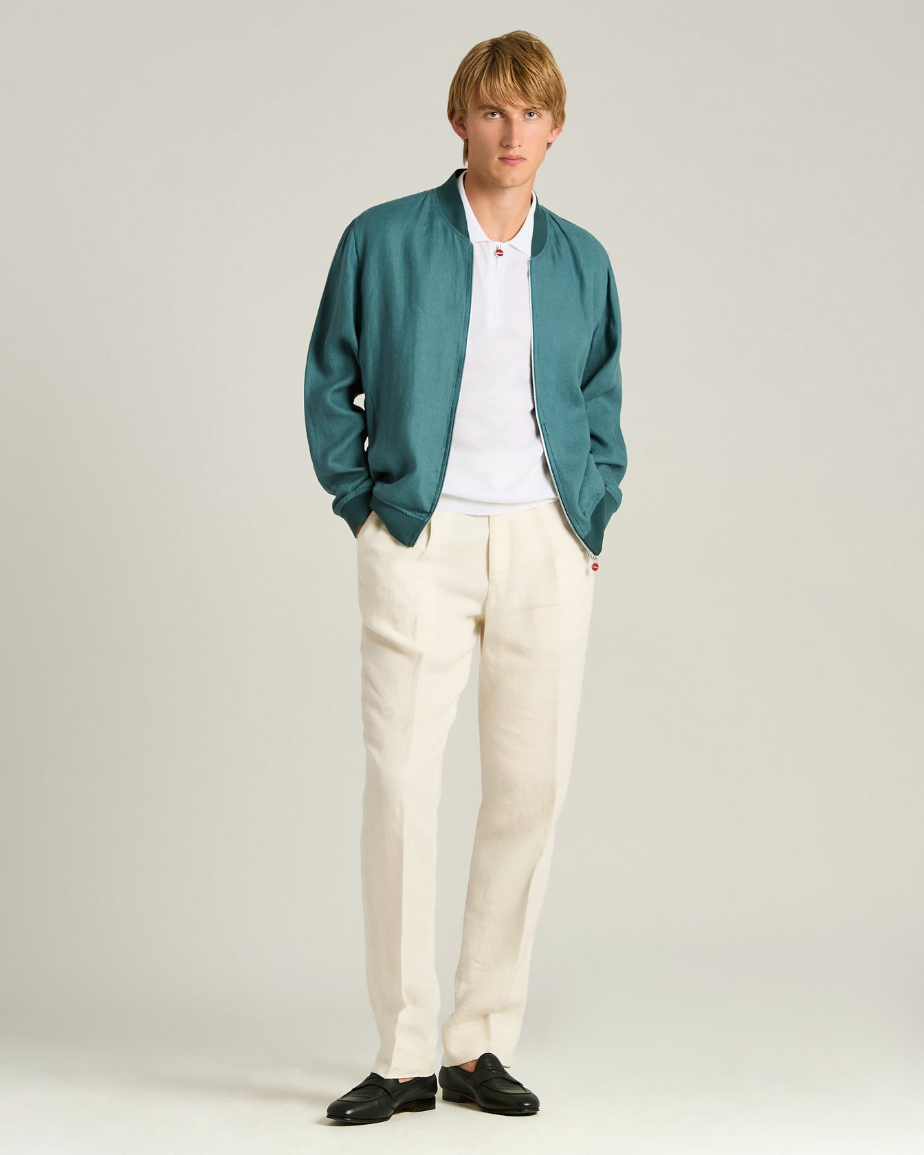 Men's cornflower blue lightweight linen zip jacket | Kiton