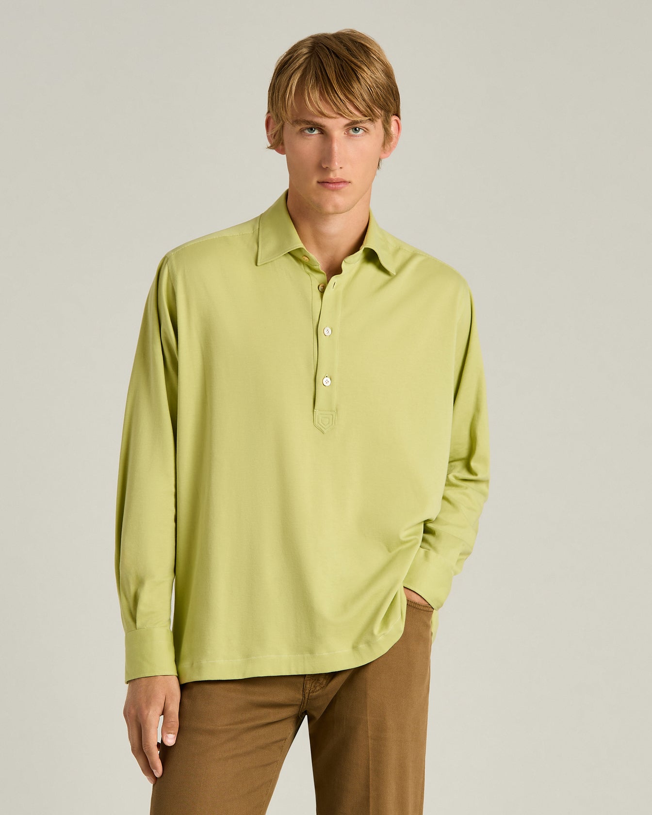 Cotton Jersey Long-Sleeved Polo Shirt in Green 2