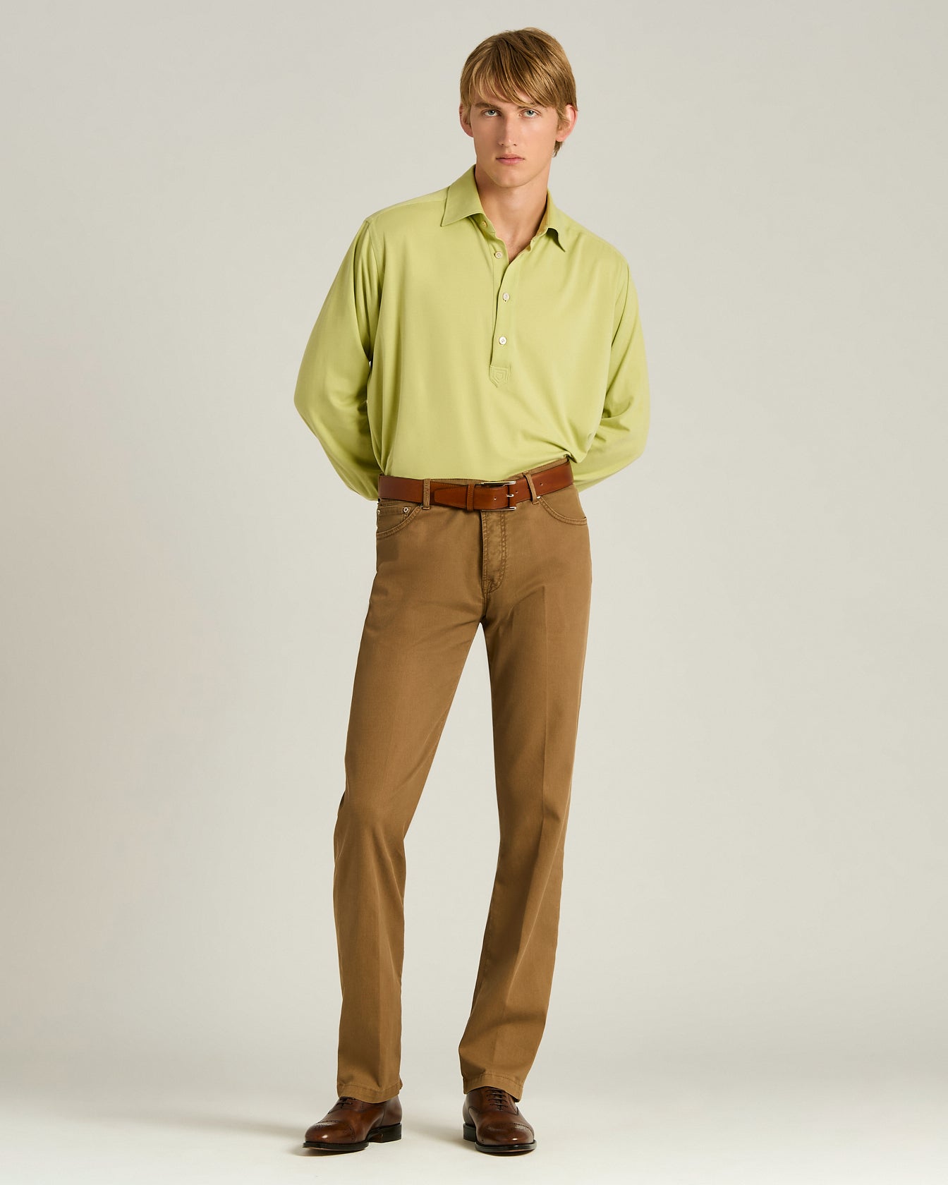 Cotton Jersey Long-Sleeved Polo Shirt in Green 5