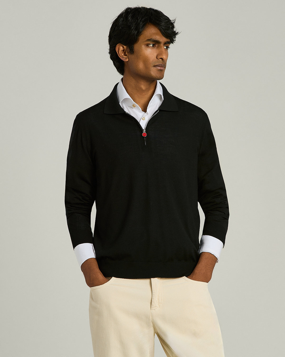 BLACK ULTRAFINE WOOL ZIP POLO 2
