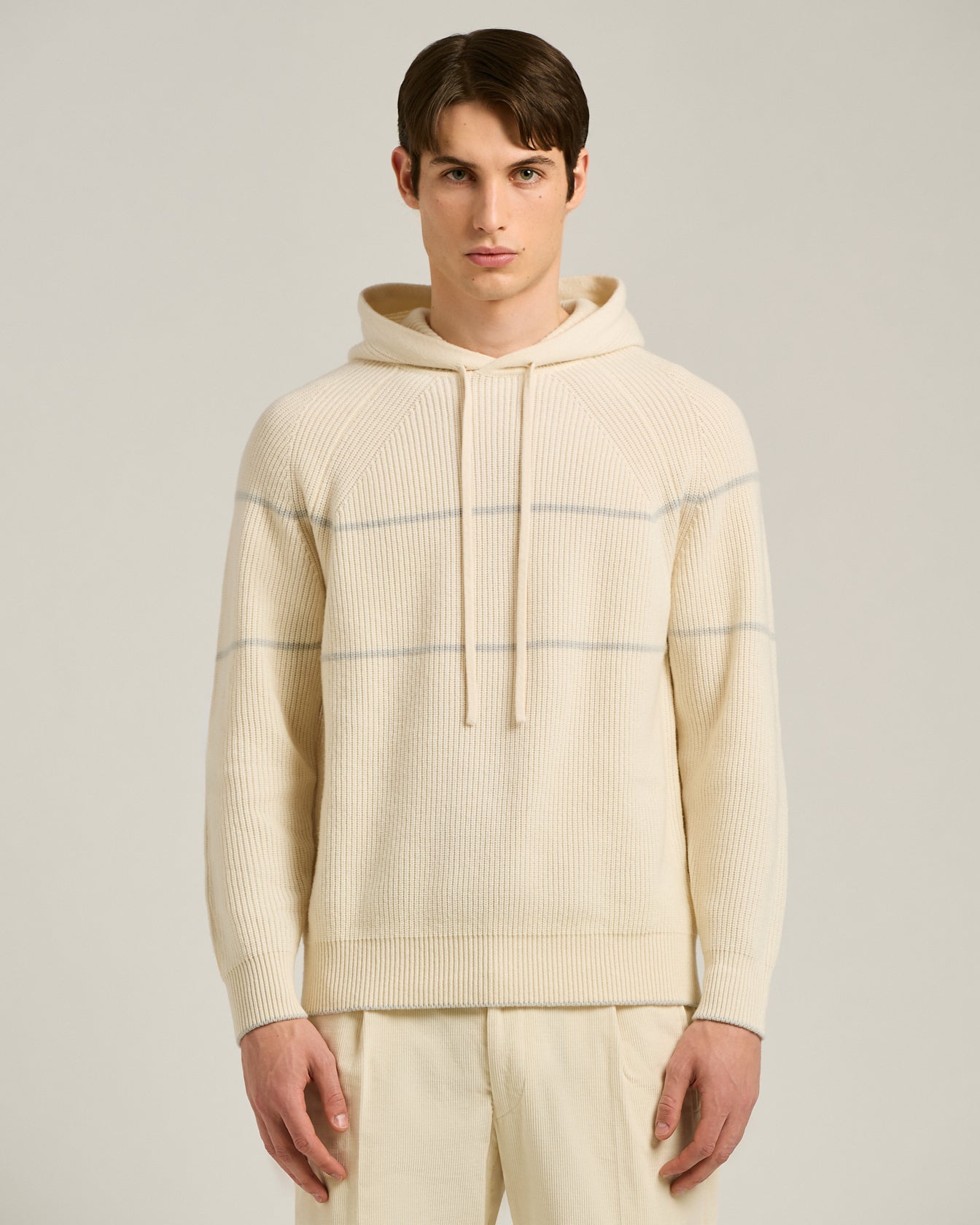 WHITE RIBBED PURE CASHMERE HOODIE