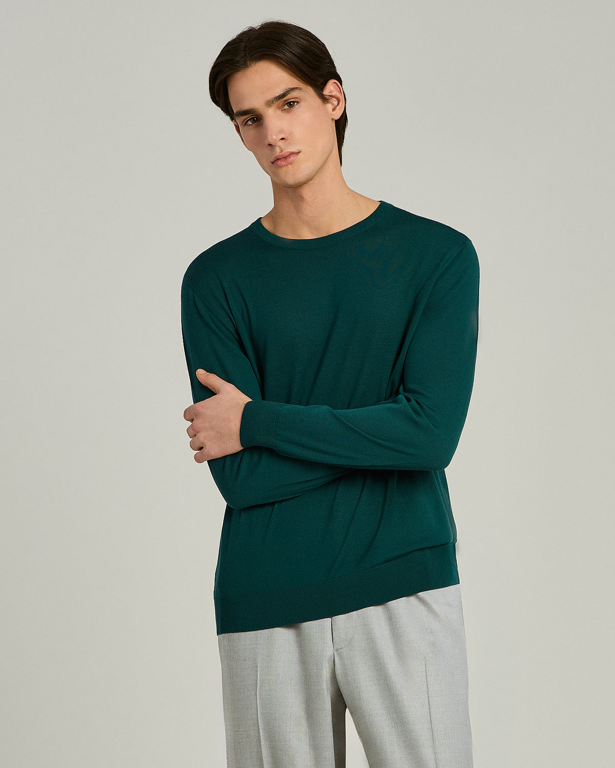 PEACOCK-GREEN ULTRAFINE WOOL CREW-NECK SWEATER 2