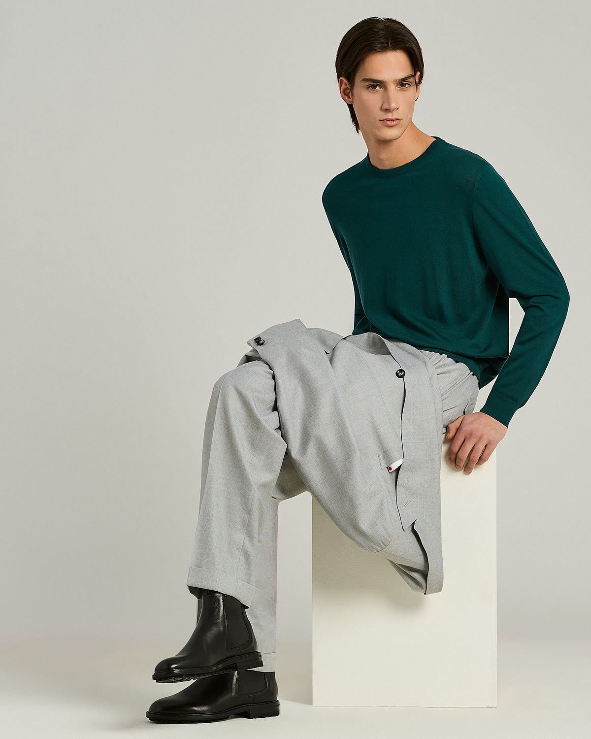 PEACOCK-GREEN ULTRAFINE WOOL CREW-NECK SWEATER 5