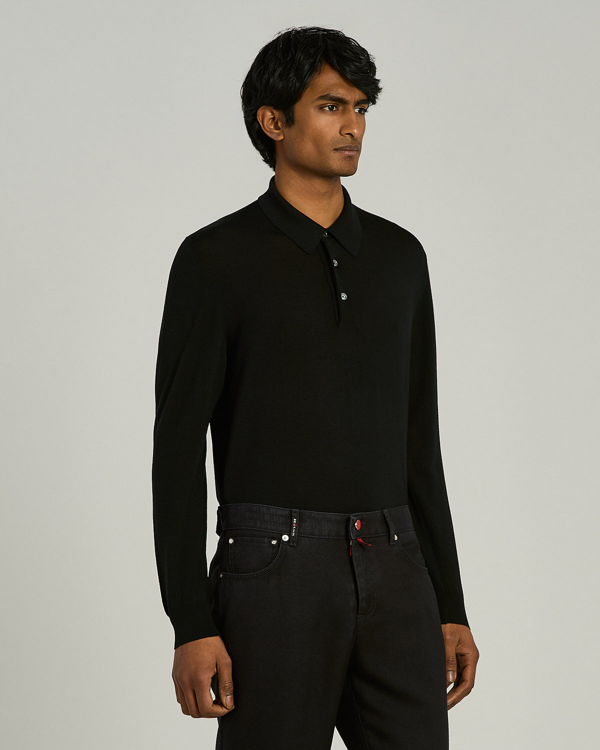 BLACK WOOL LONG-SLEEVE POLO SHIRT 2
