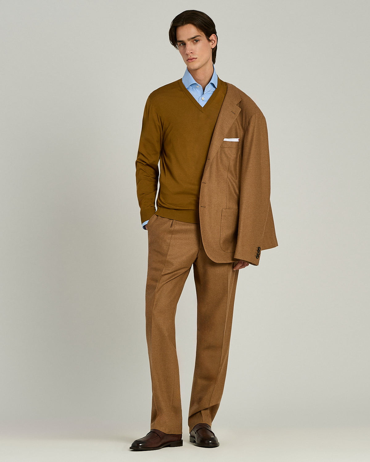 COGNAC PURE SUPERFINE WOOL V-NECK SWEATER 5