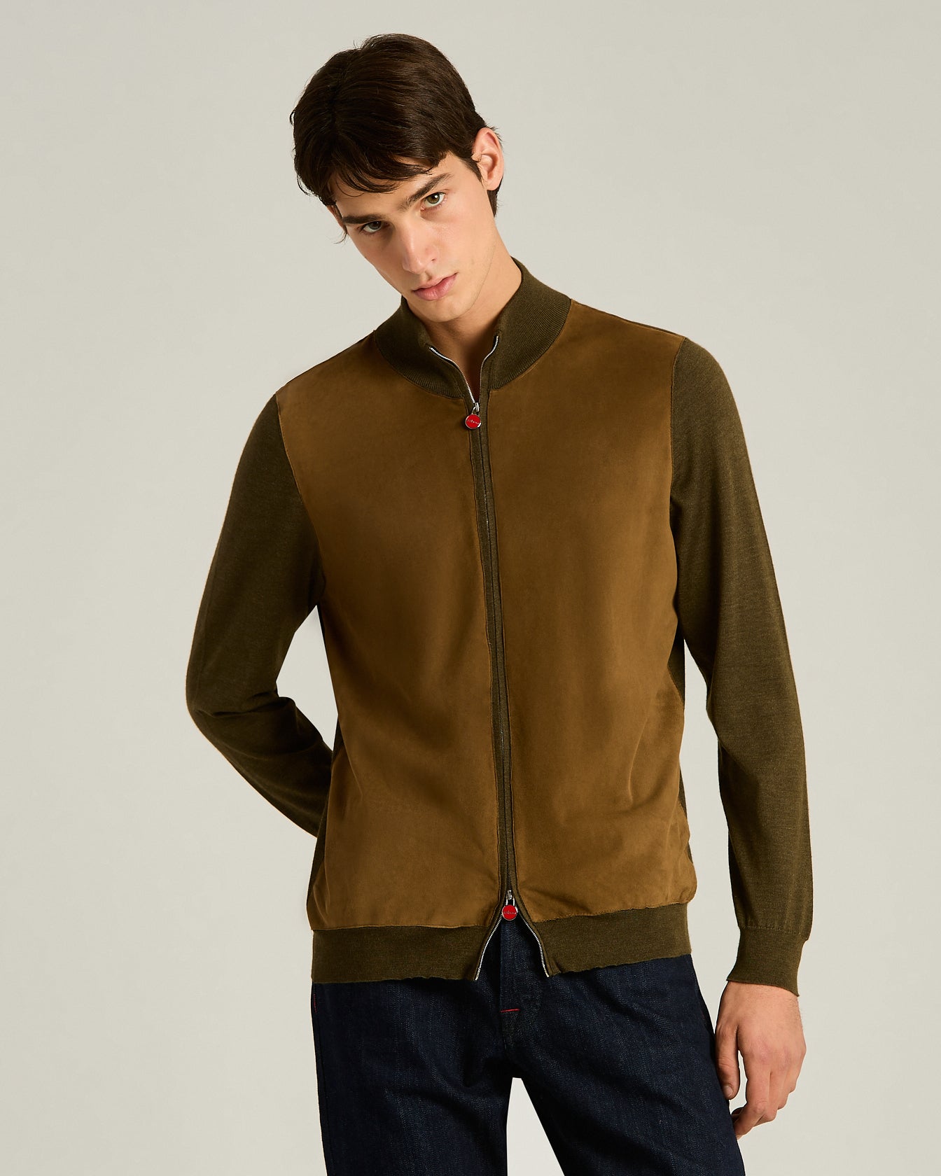 Cashmere and Silk Blend Jacket with Contrasting Details in Moss Green and Lambskin2