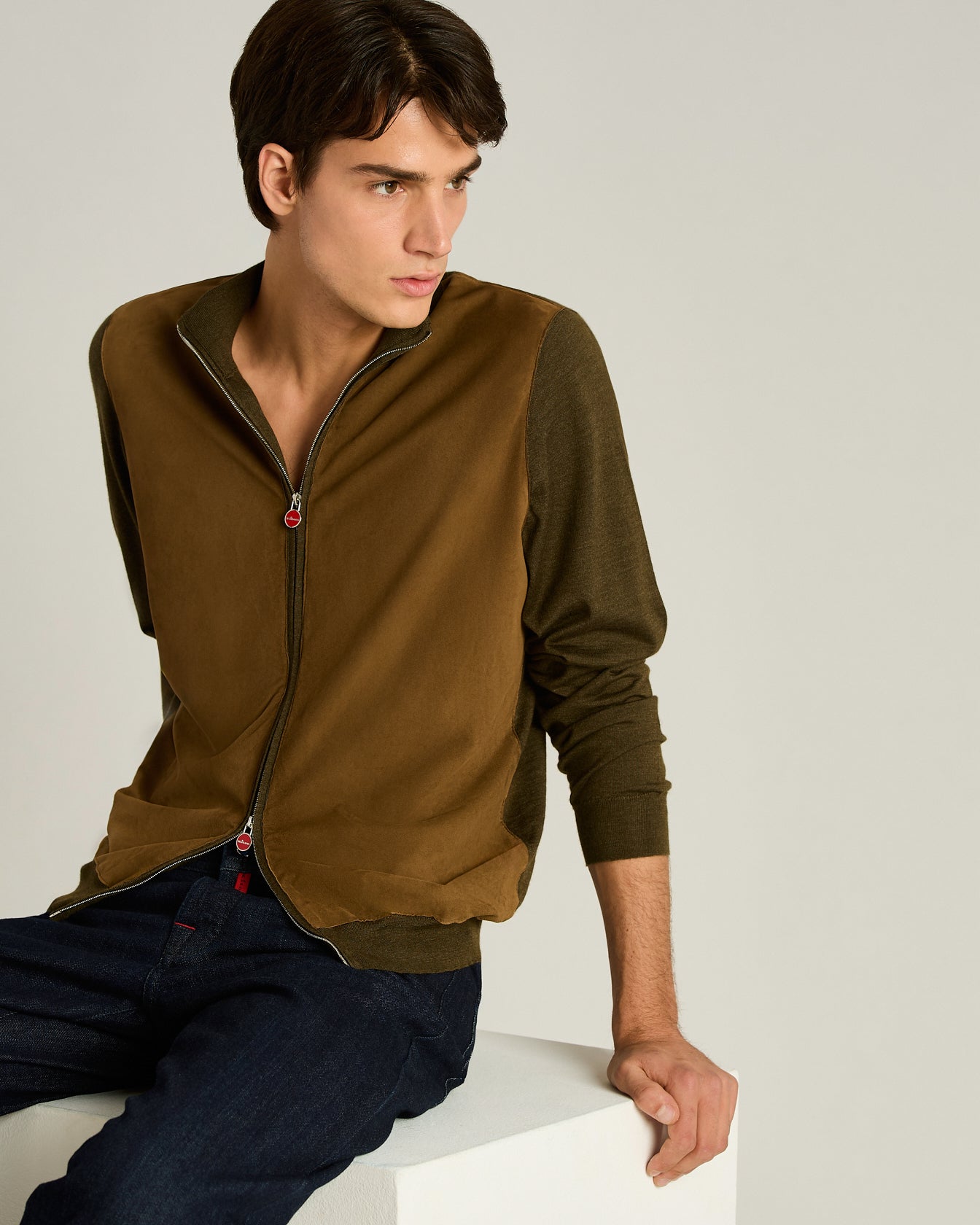 Cashmere and Silk Blend Jacket with Contrasting Details in Moss Green and Lambskin4