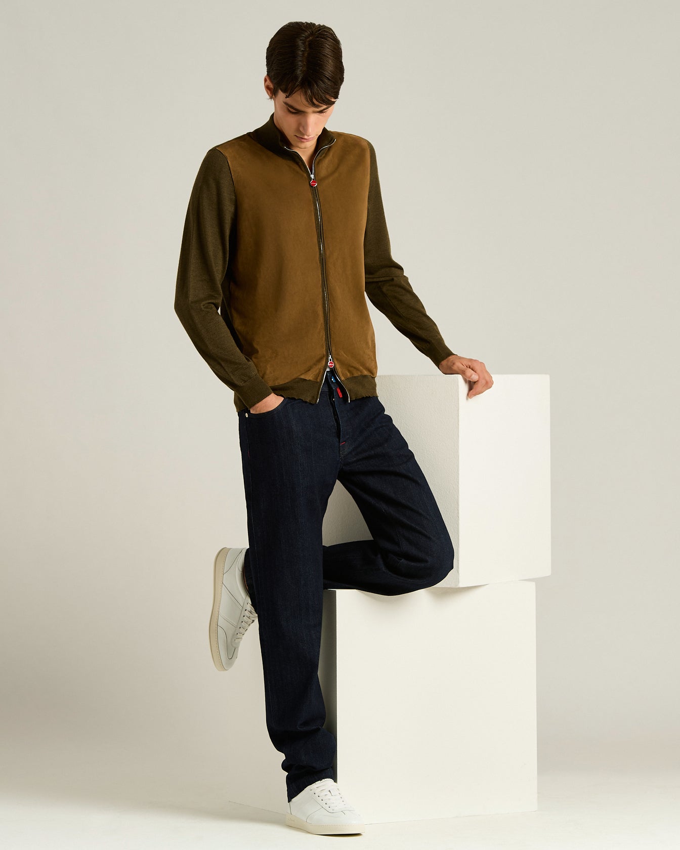 Cashmere and Silk Blend Jacket with Contrasting Details in Moss Green and Lambskin5