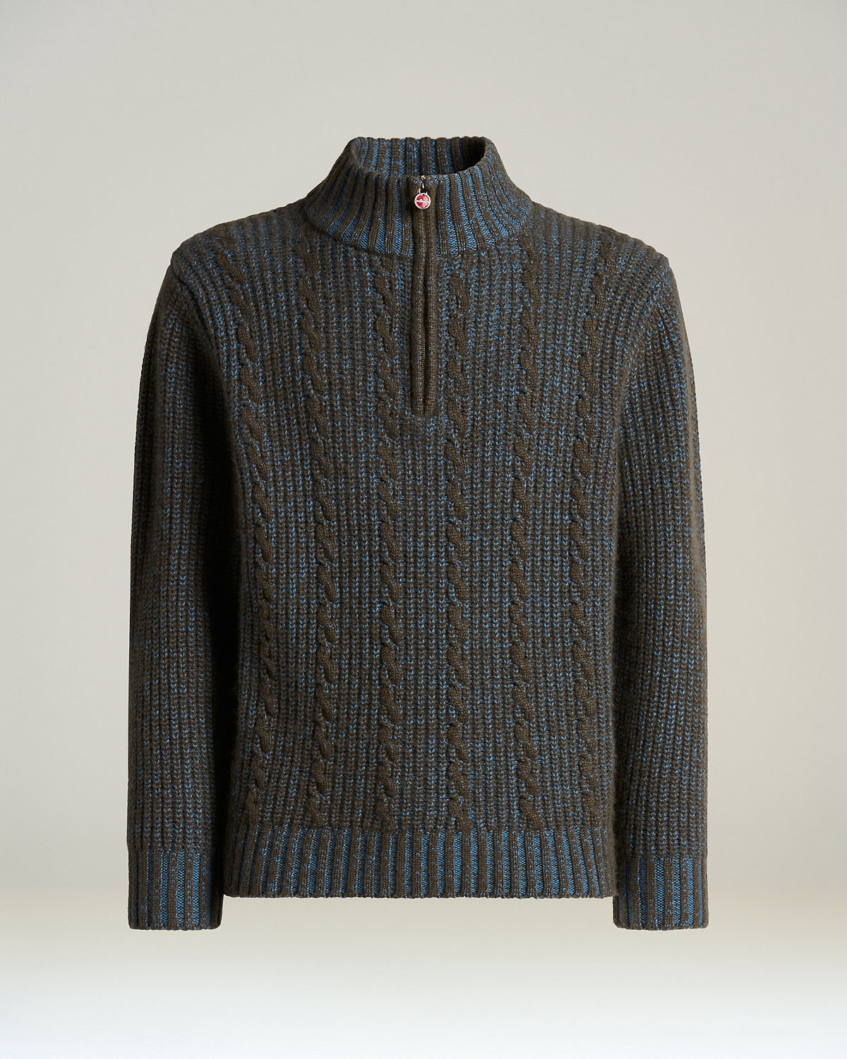 MOKA/SKY BLUE PURE CASHMERE CABLE KNIT TURTLENECK SWEATER WITH ZIP 1