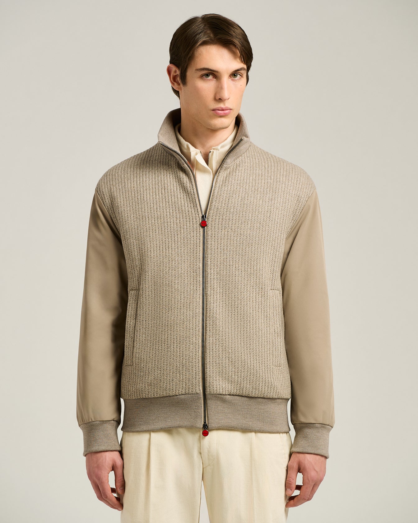 BOMBER IN TAUPE CASHMERE AND TECHNICAL FABRIC