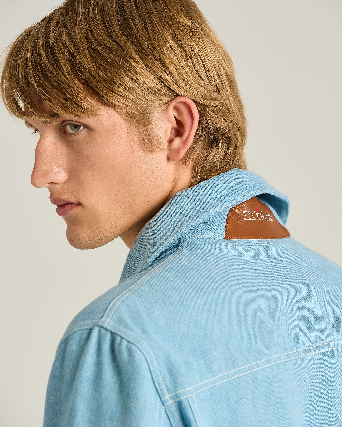 Men's azure cotton jacket with lambskin detail | Kiton
