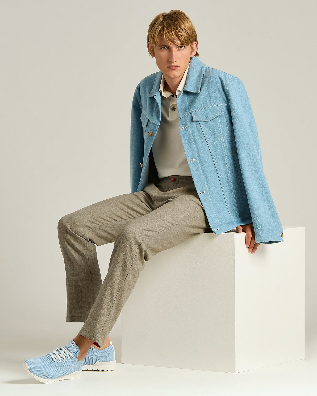 Men's azure cotton jacket with lambskin detail | Kiton