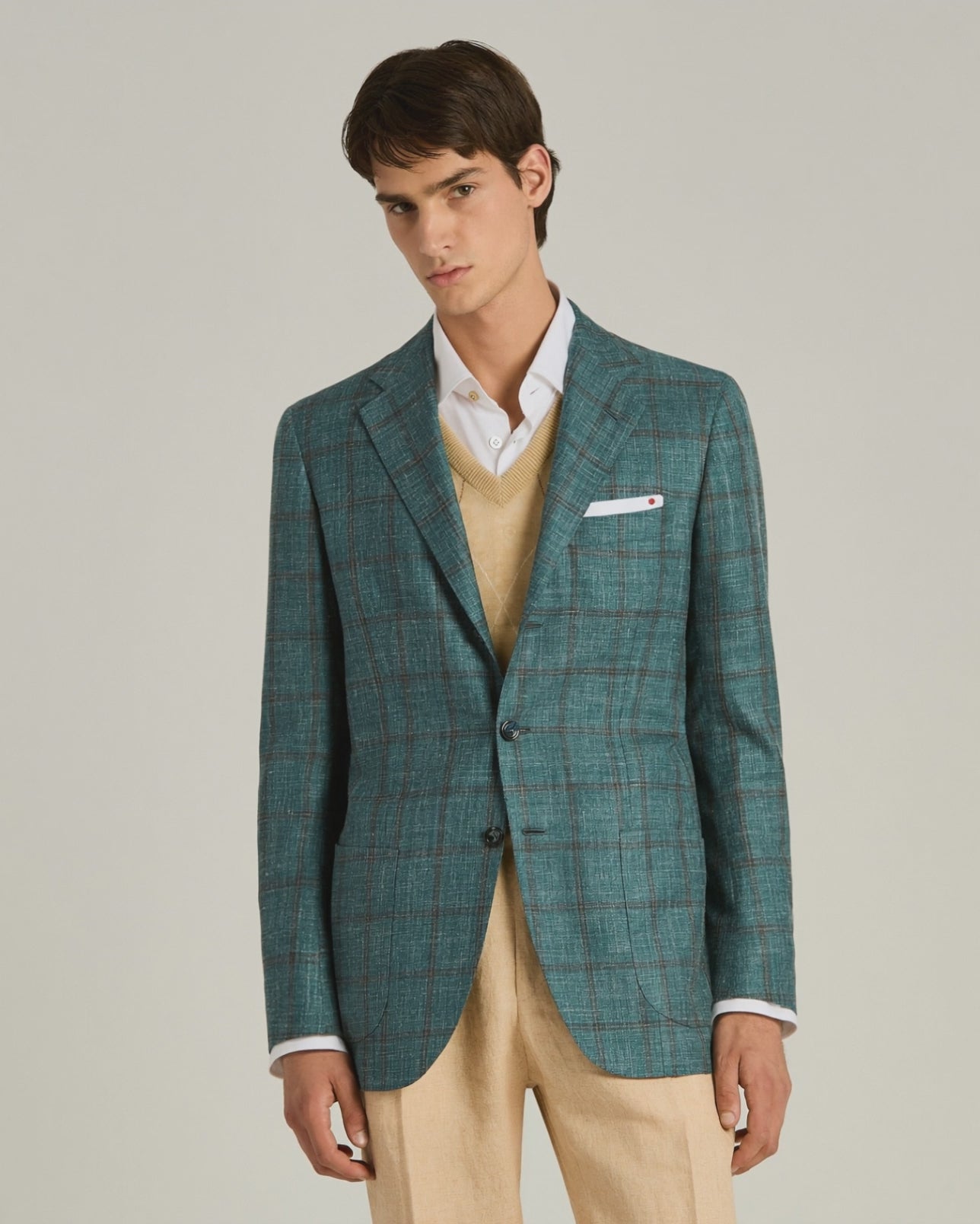 Men's green cashmere, silk and linen checked jacket | Kiton