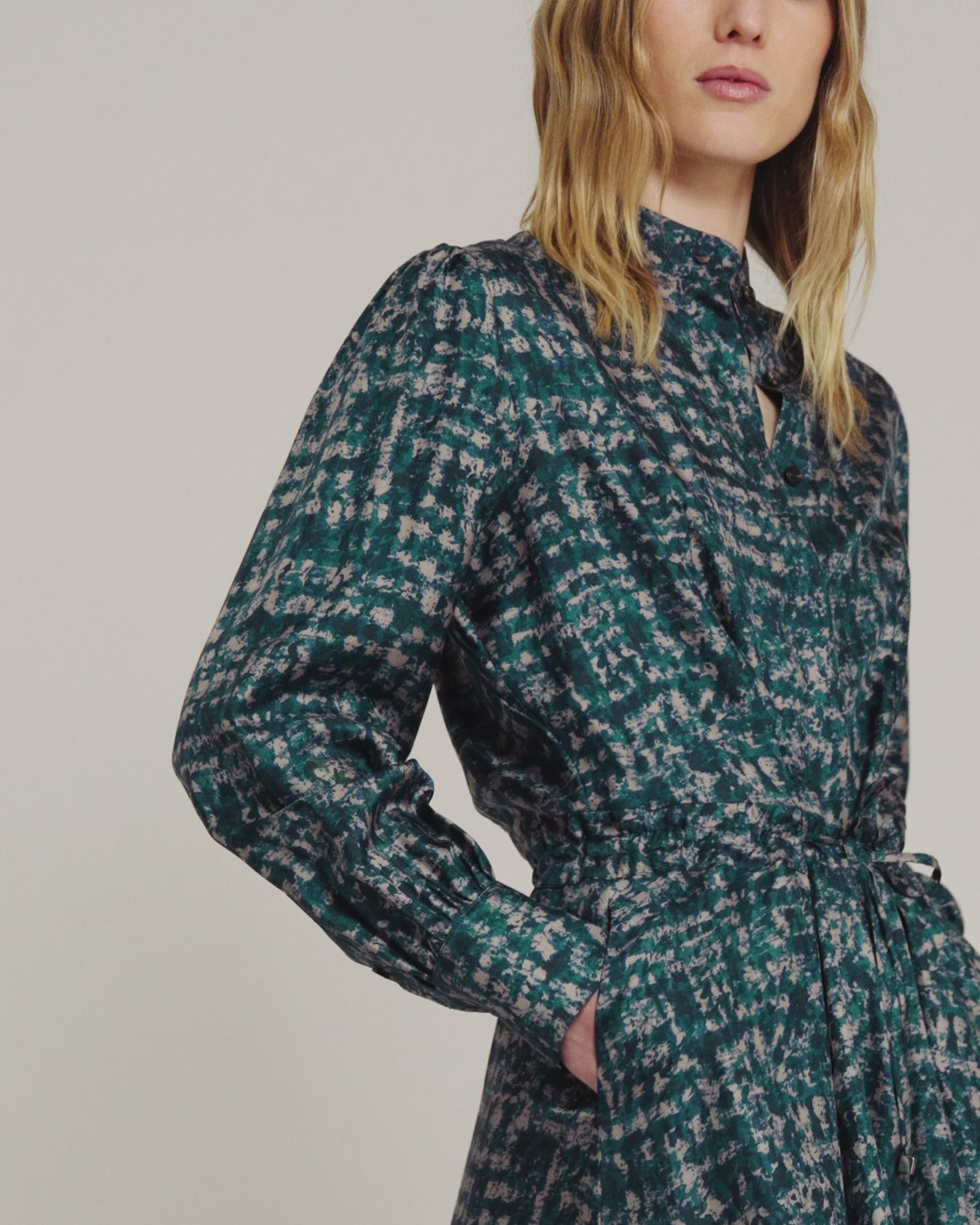 light blue patterned silk midi shirt dress