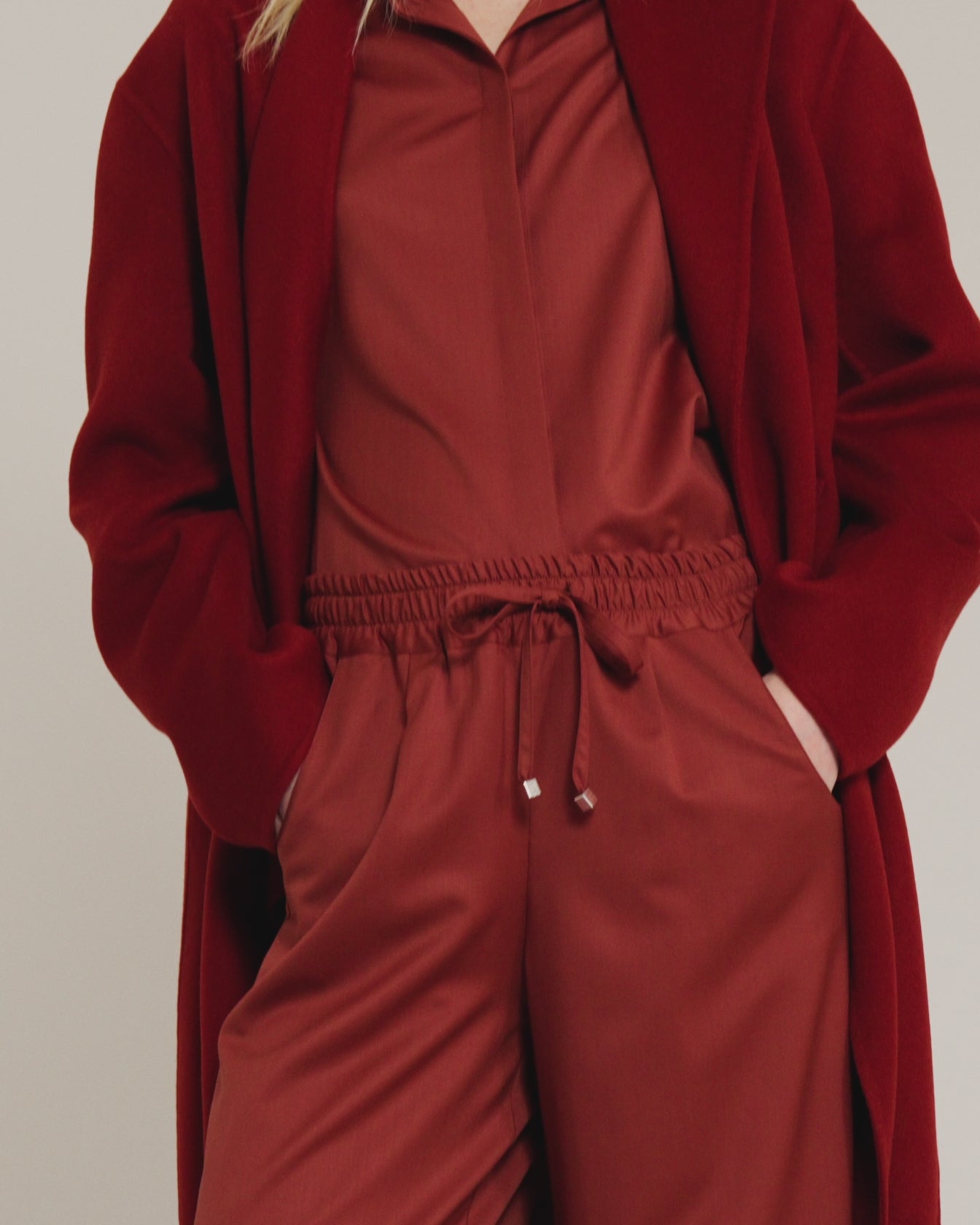 rust pure cashmere coat with asymmetric draping