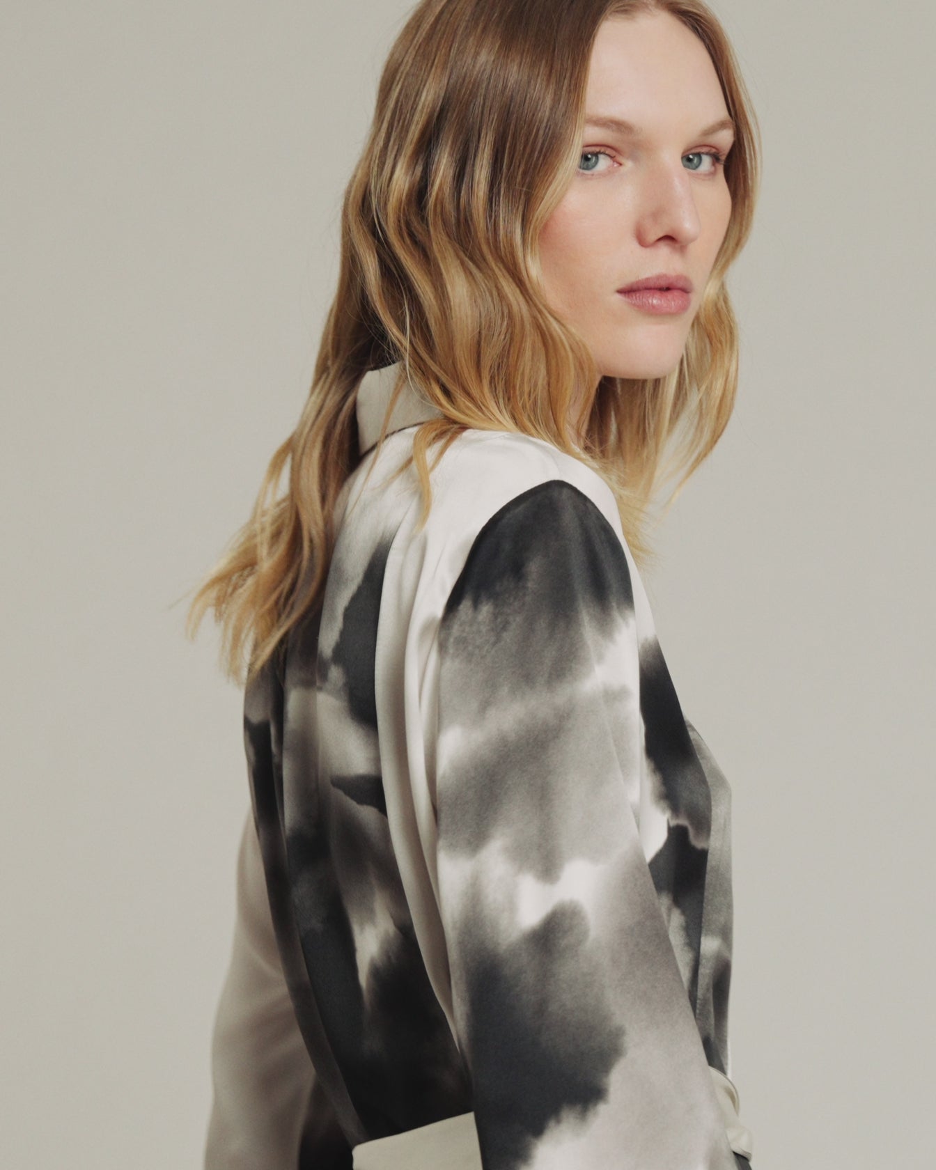 white and black printed long silk shirt dress