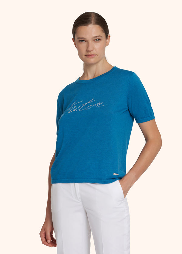 Kiton ocean blue/light grey jersey round neck for woman, in cashmere 2