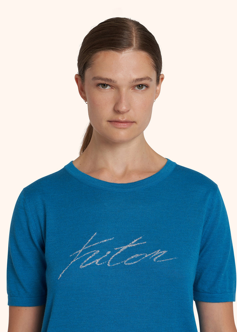 Kiton ocean blue/light grey jersey round neck for woman, in cashmere 4