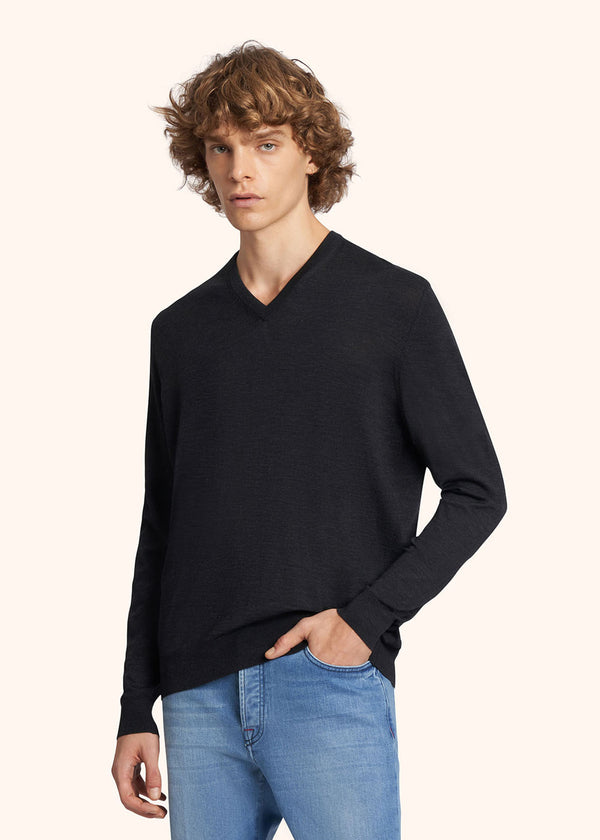 Kiton anthracite jersey v-neck for man, in wool 2