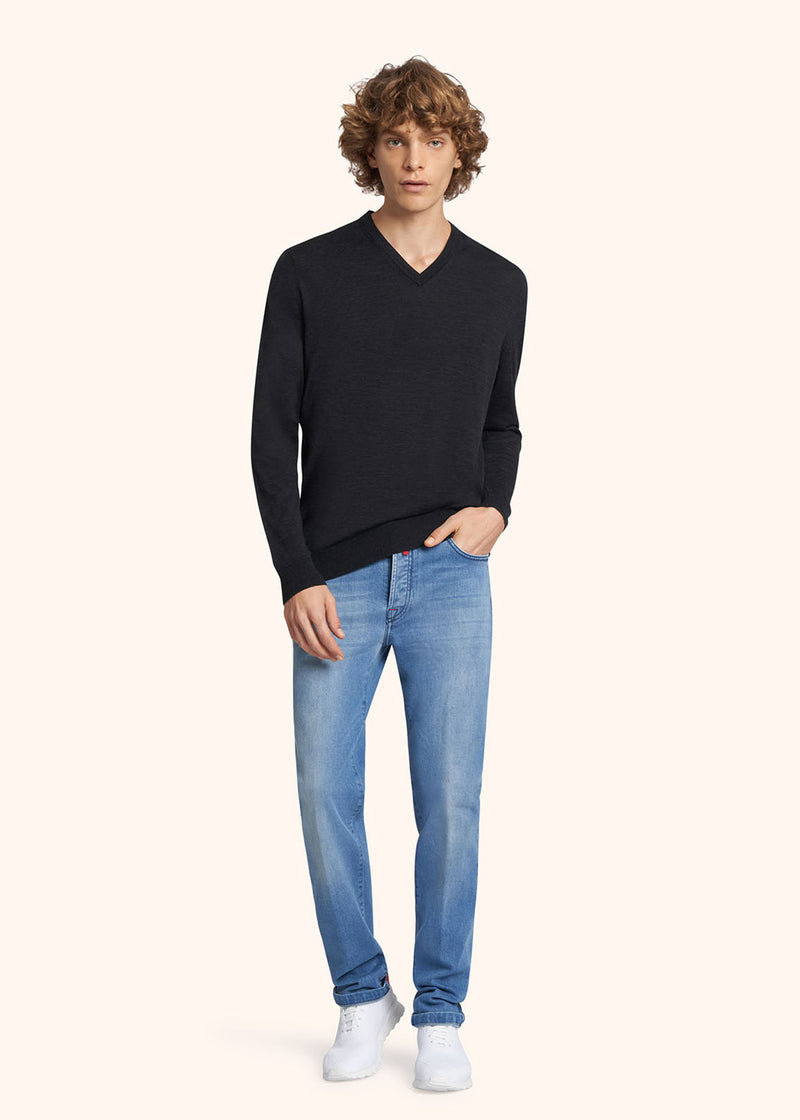 Kiton anthracite jersey v-neck for man, in wool 5