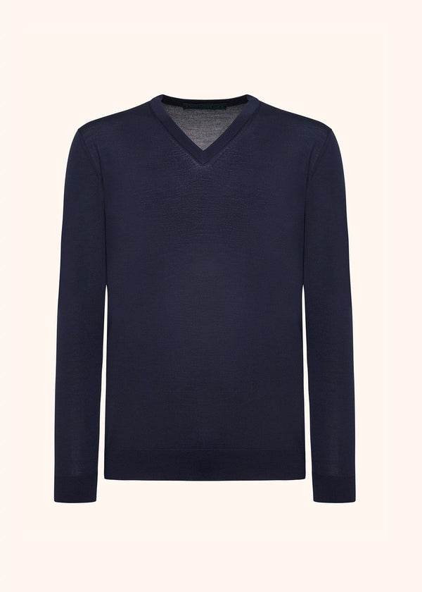 Kiton navy blue jersey v-neck for man, in wool