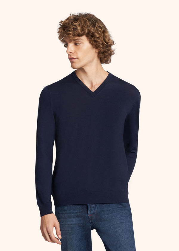 Kiton navy blue jersey v-neck for man, in wool 2