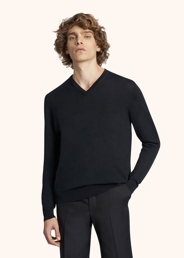 Kiton black jersey v-neck for man, in wool 2